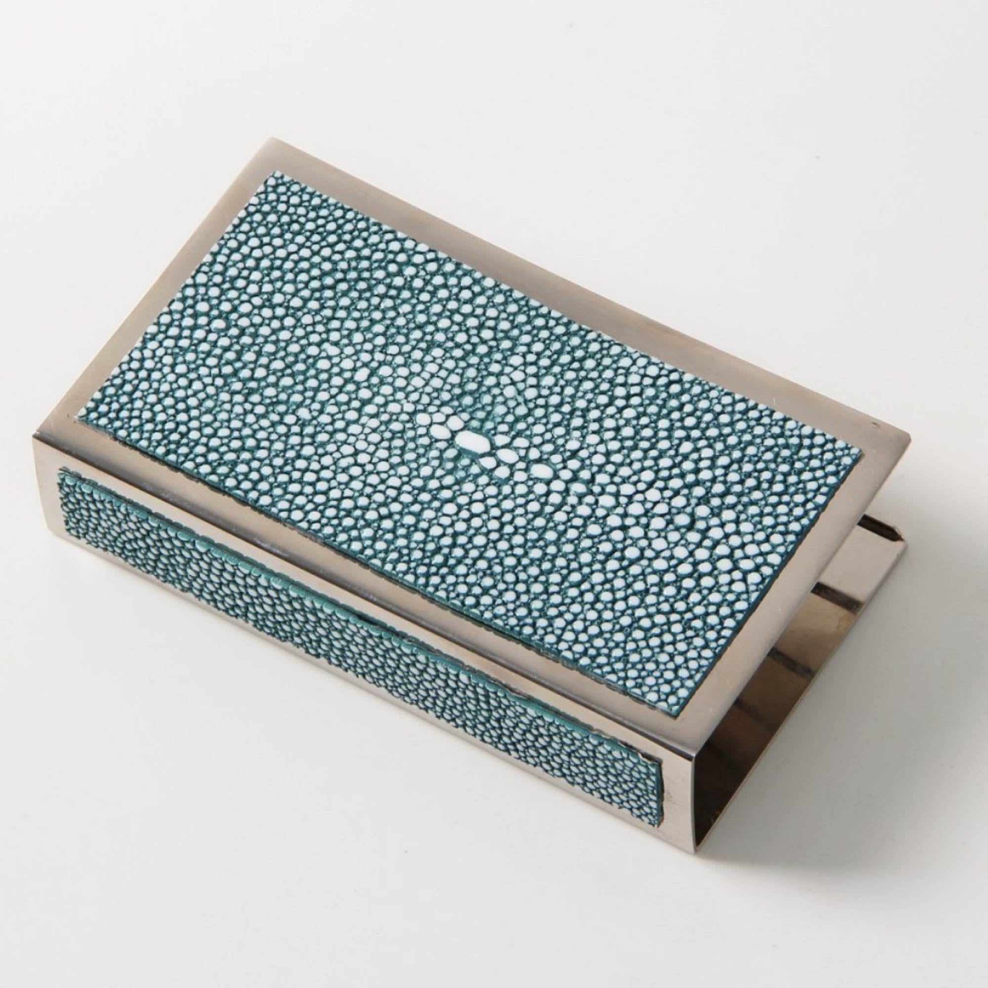 Faux shagreen matchbox holder in turquoise by Forwood Design, stainless steel, 13 x 7 x 3 cm