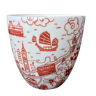 Willow pattern Chinese tea cups in red by Faux, set of two, ceramic, Hong Kong harbour design