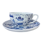 Willow pattern fine bone china cup and saucer in blue by Faux, Hong Kong harbour design
