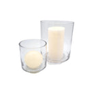 Glass candle stands, set of two with pillar candles, for indoor or outdoor lighting