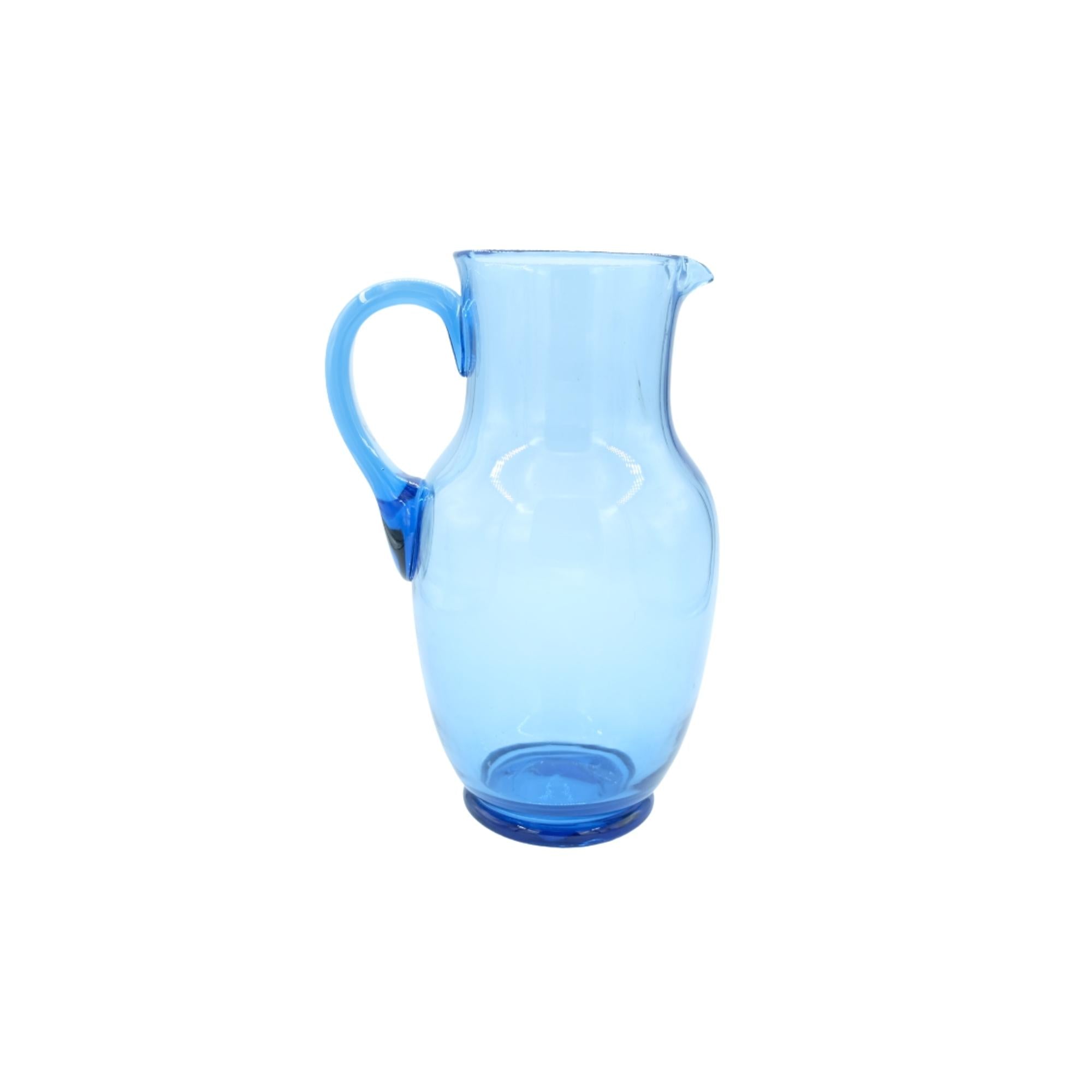 Large blue mouth-blown glass carafe, vintage piece by All'origine, 12 x 25 cm, 1.5L