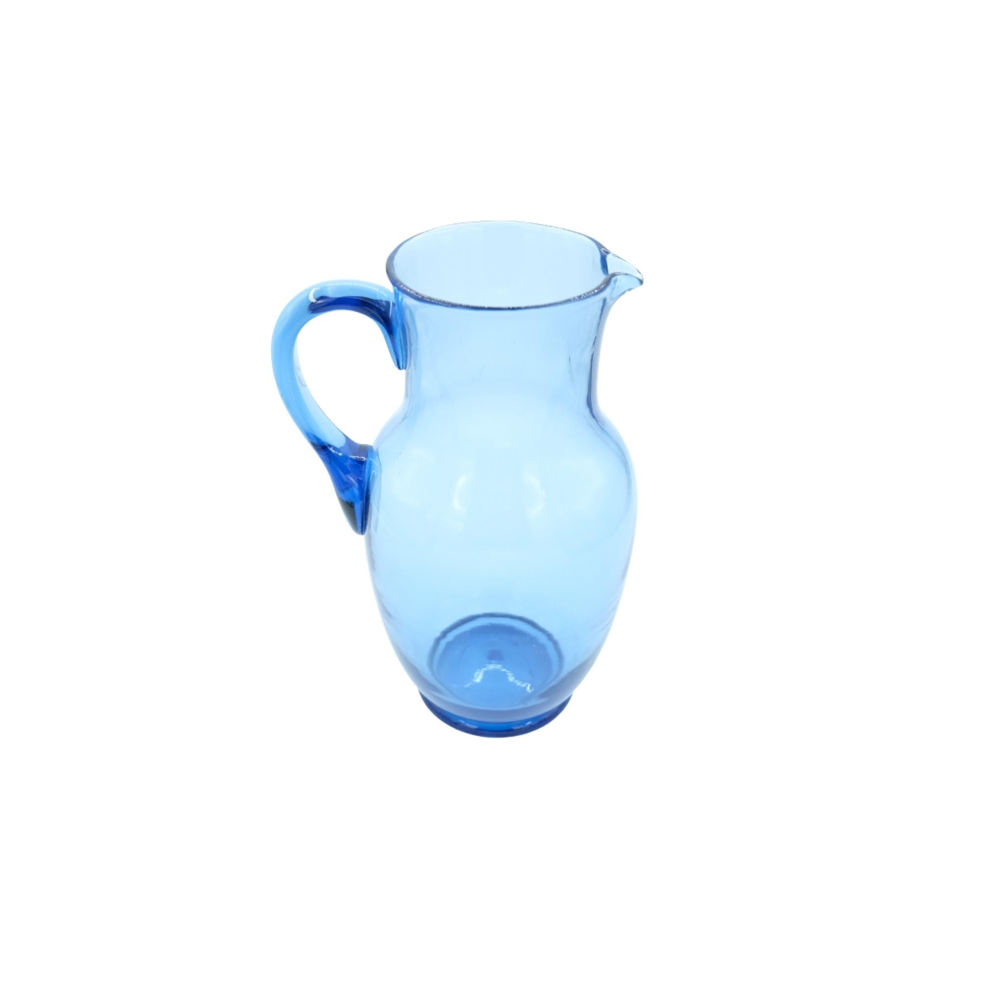 Large blue vintage glass carafe by All'origine, side view