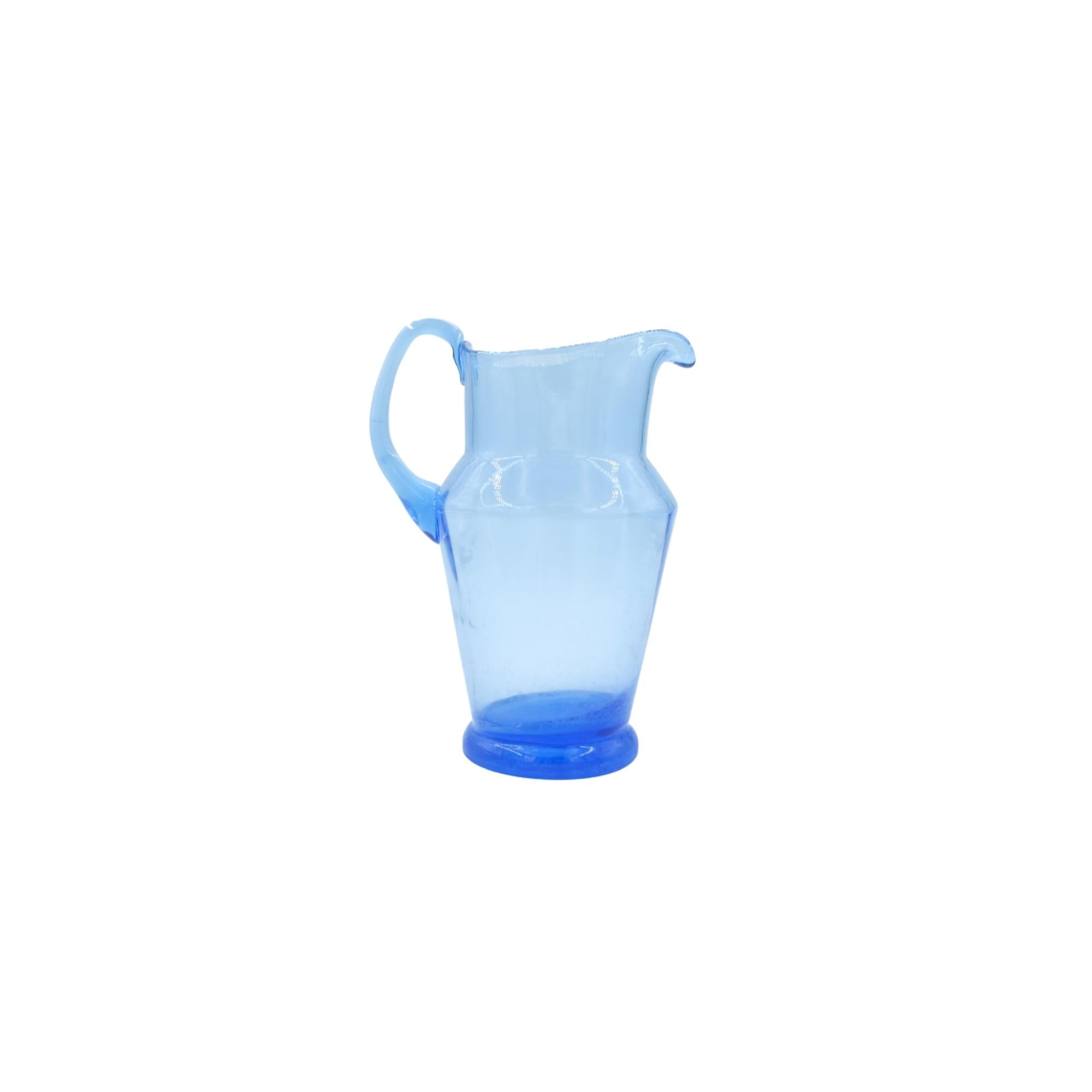 Vintage blue glass carafe, small 0.75L, mouth blown, All'origine