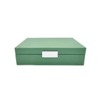 Green lacquer watch box by Addison Ross with silver clasp, eight cushioned compartments