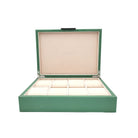 Green high-gloss lacquer watch box, Addison Ross, open showing cream suede lining