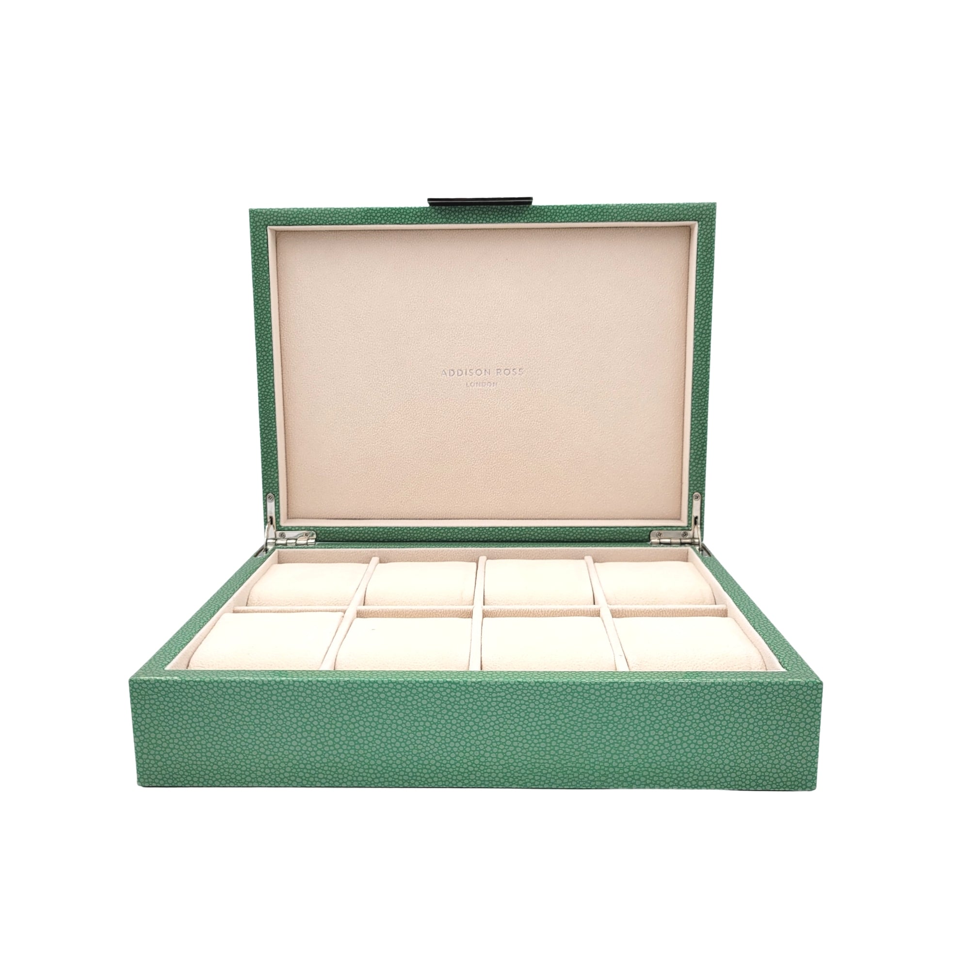 Green high-gloss lacquer watch box, Addison Ross, open showing cream suede lining