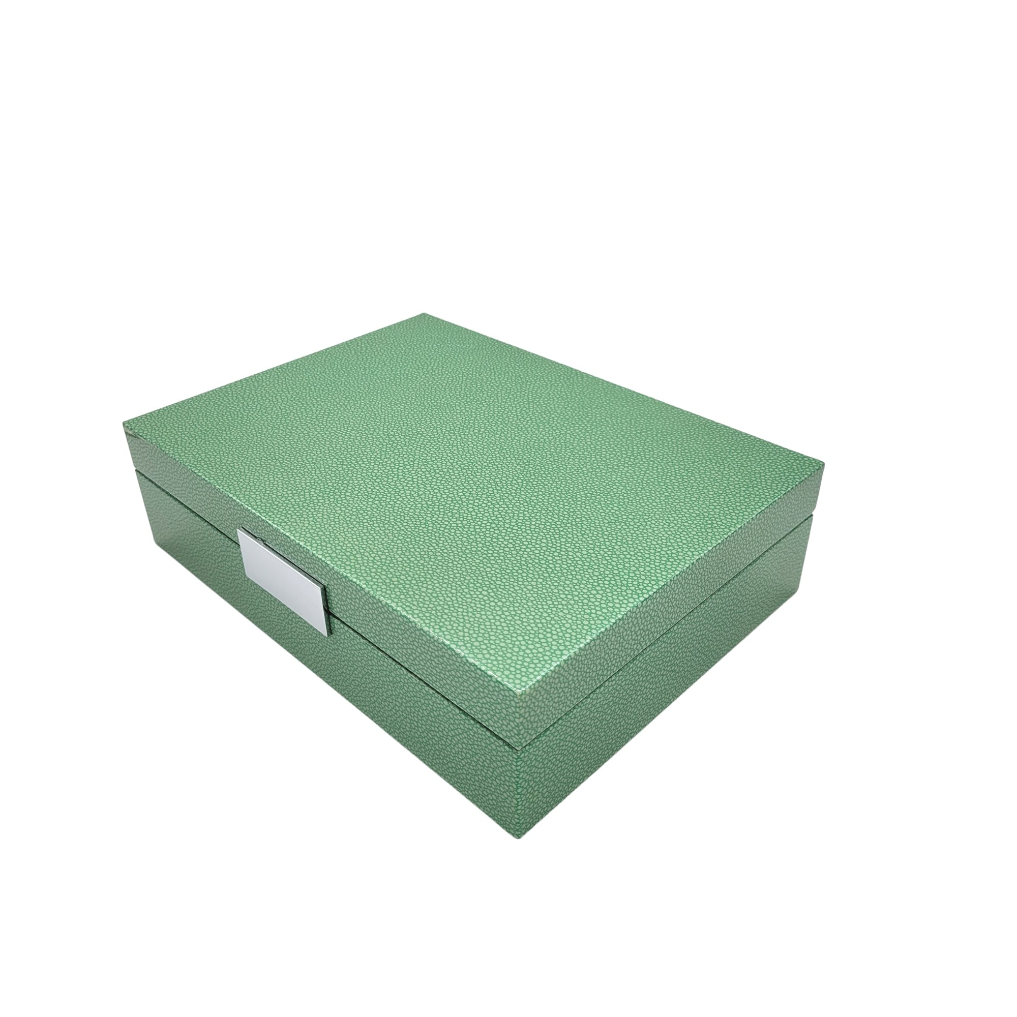 Green shagreen-effect lacquer watch box with silver clasp, Addison Ross