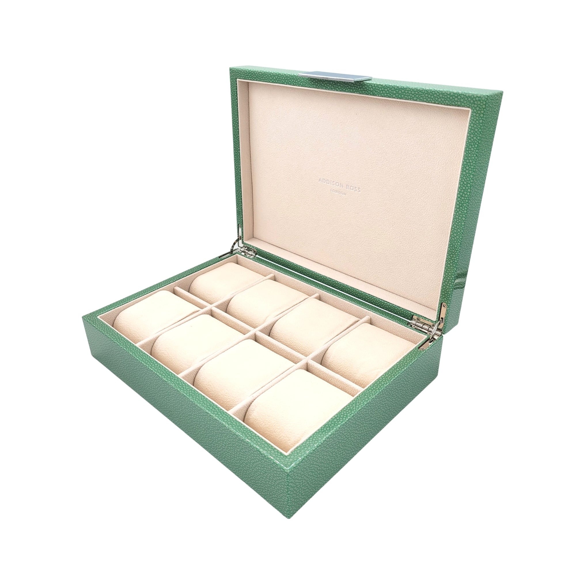 Green lacquer watch box by Addison Ross, detail of silver-plated clasp and hinges