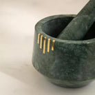 Green marble mortar and pestle, handmade brass inlay, styled