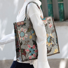 Grey flower linen shopper bag, Ceannis, detail of printed pattern