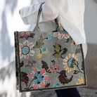 Grey flower linen shopper bag, Ceannis, side view