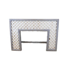 Grey painted teak console table with trellis woodwork, side view