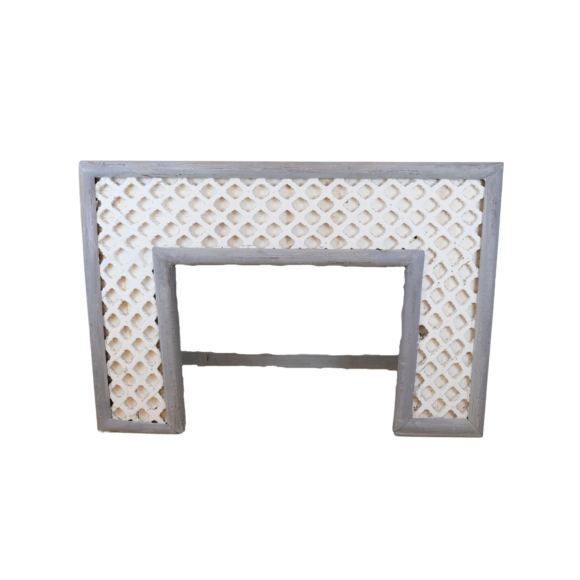 Grey painted teak console table with trellis woodwork, side view