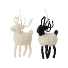 Black and white felt reindeer Christmas decorations, handmade in Jaipur, set of two