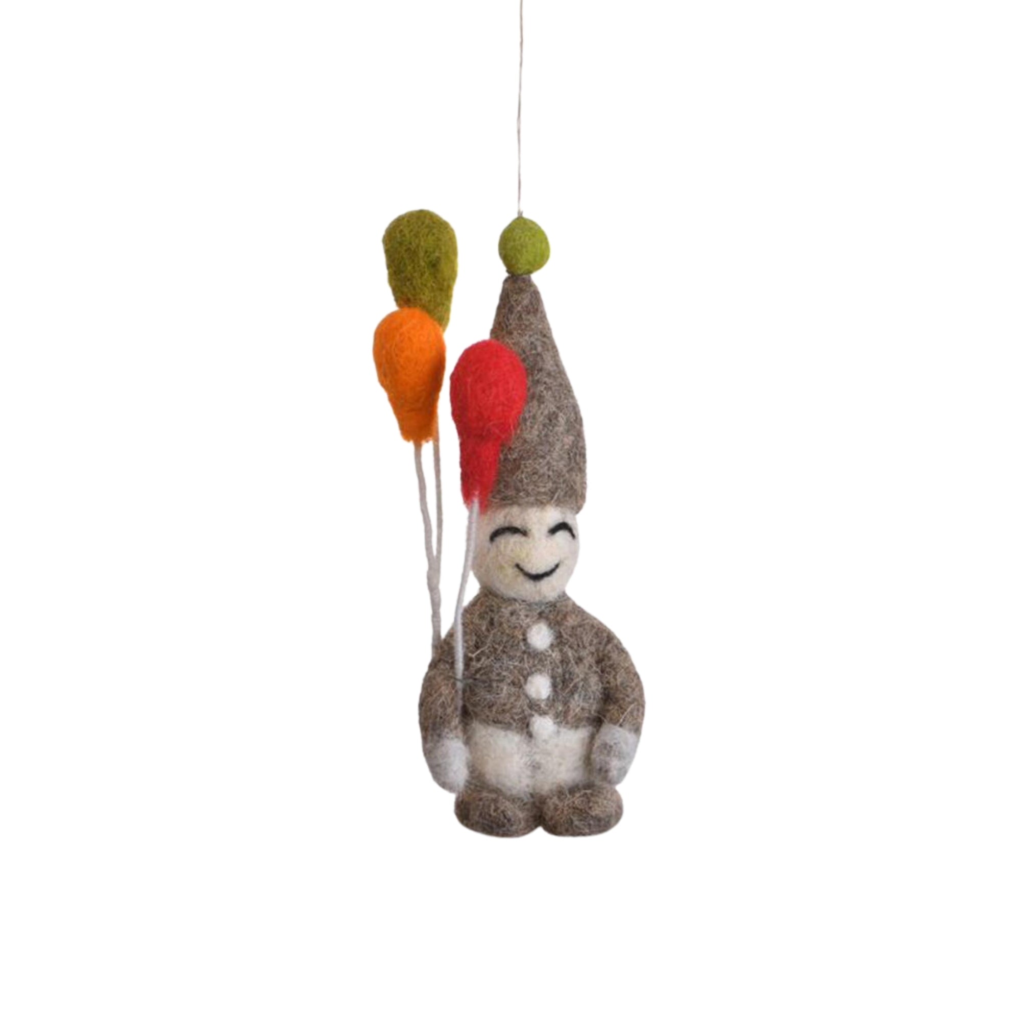 Hand-stitched felt elf with balloon Christmas decoration, handmade in Jaipur