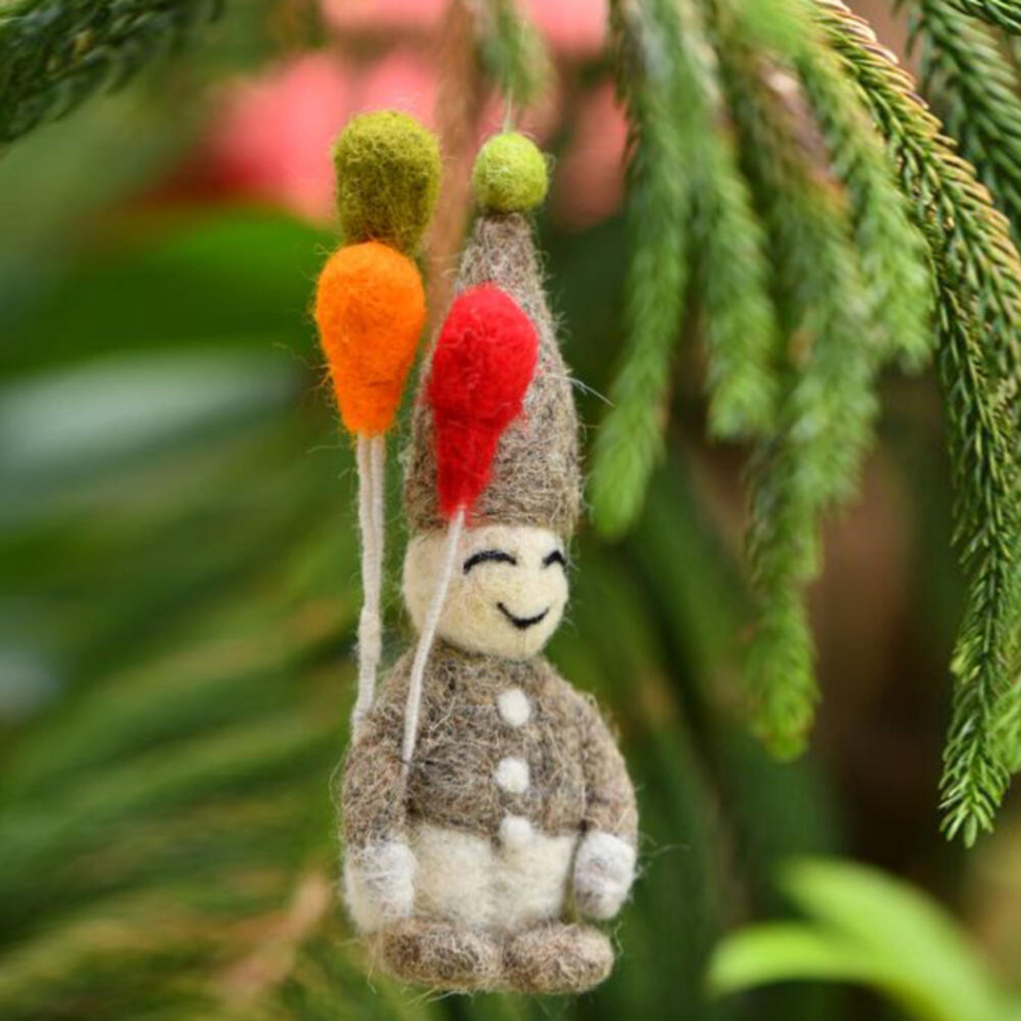 Hand-stitched felt elf balloon boy, detail, India