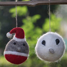 Felt robin and owl decorations, hand-stitched in India, set of two