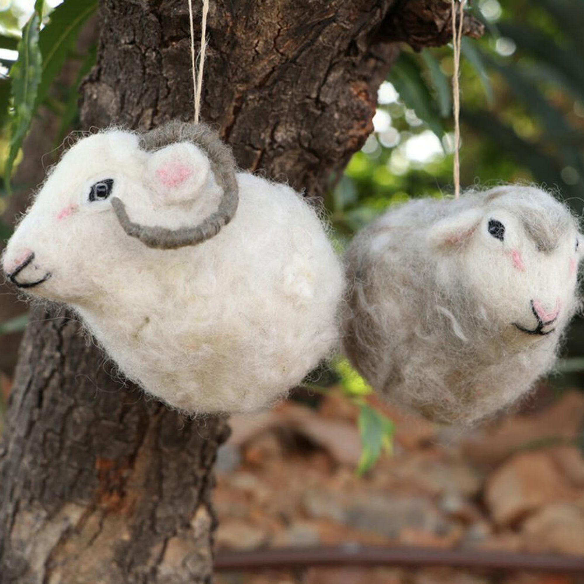 Felt sheep and ram decorations, hand-stitched in India, set of two