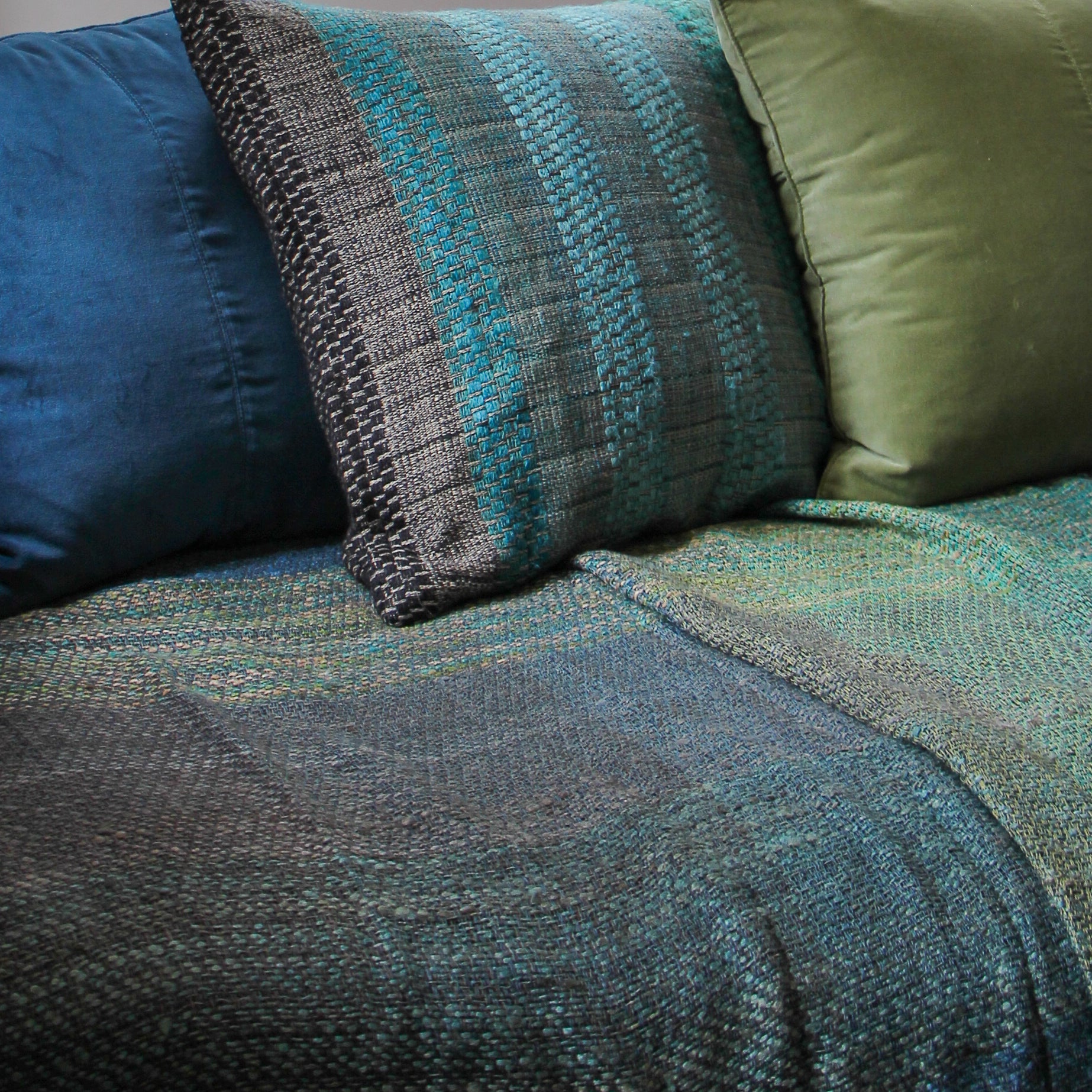 Blue handwoven linen and silk throw, styled, India