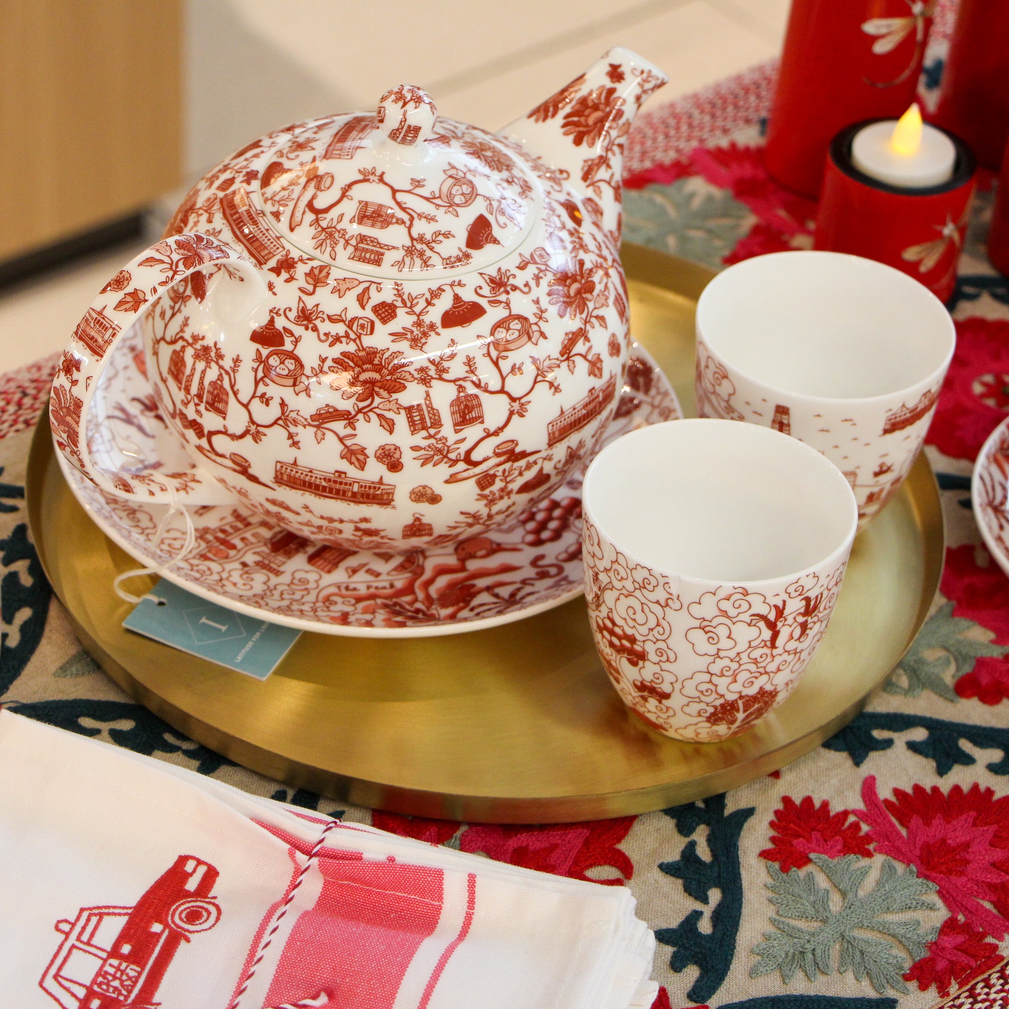 HK Toile teapot in red, fine bone china, 1 litre, Faux