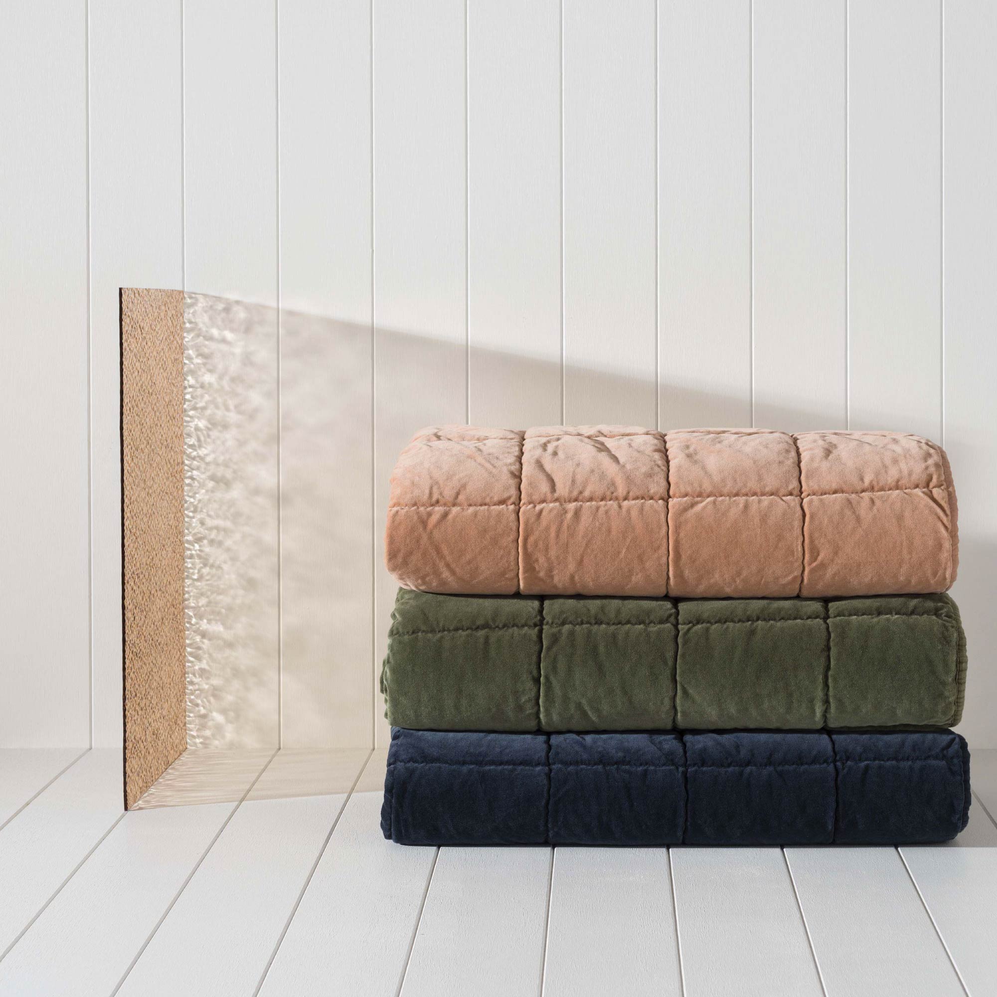 Kale blue washed velvet quilted throw, square stitch detail