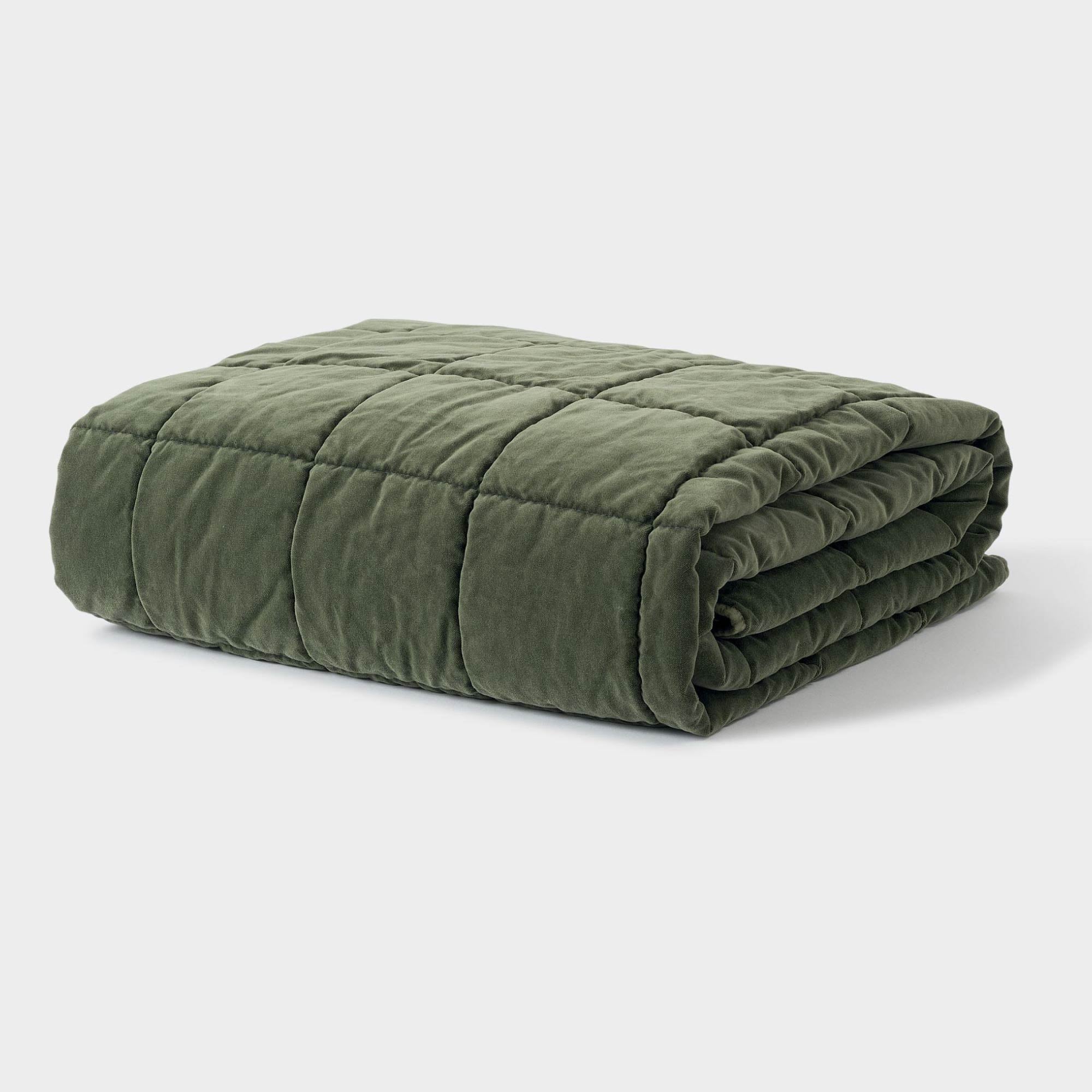 Washed velvet square-stitch quilted throw in kale blue, 130 x 180cm