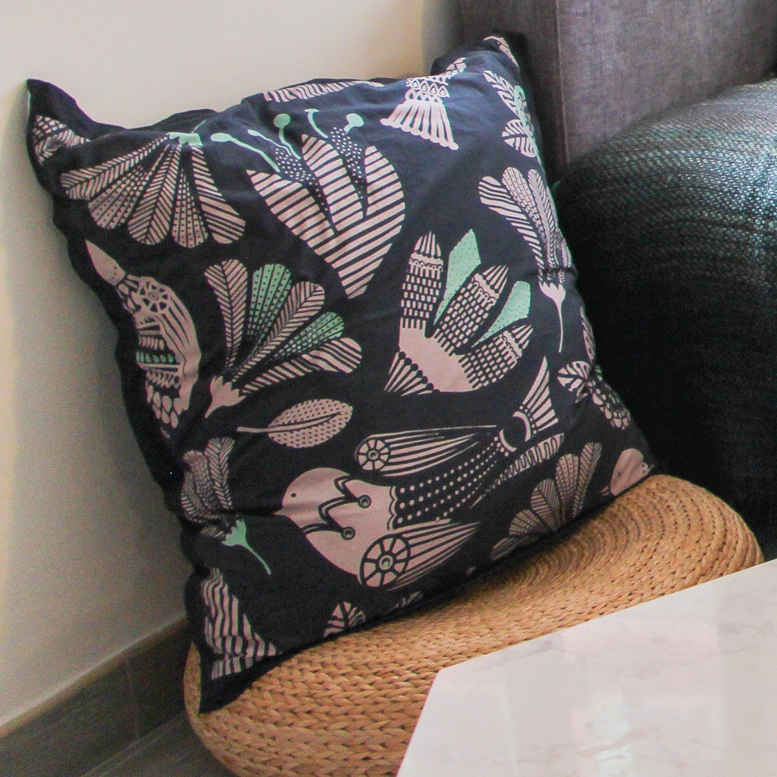 Large cushion cover with bird pattern, cotton, 65 x 65 cm
