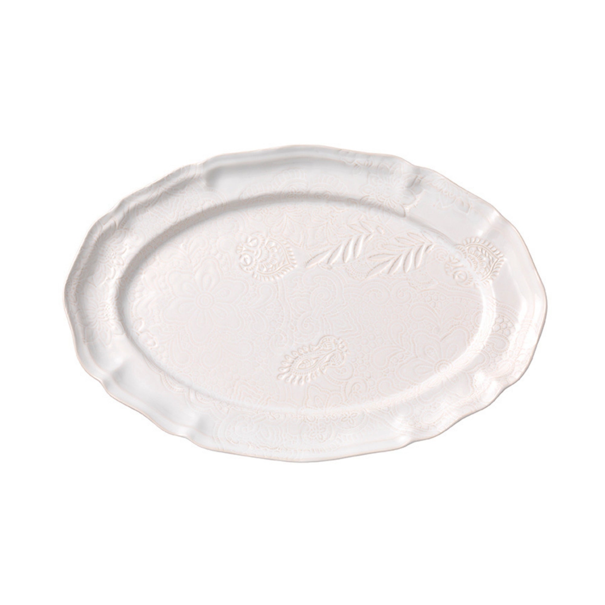 Large oval serving platter in white, leaf and vine pattern, ceramic, 49 x 32 cm