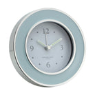 Round light blue enamel and silver silent alarm clock with glow-in-the-dark hands