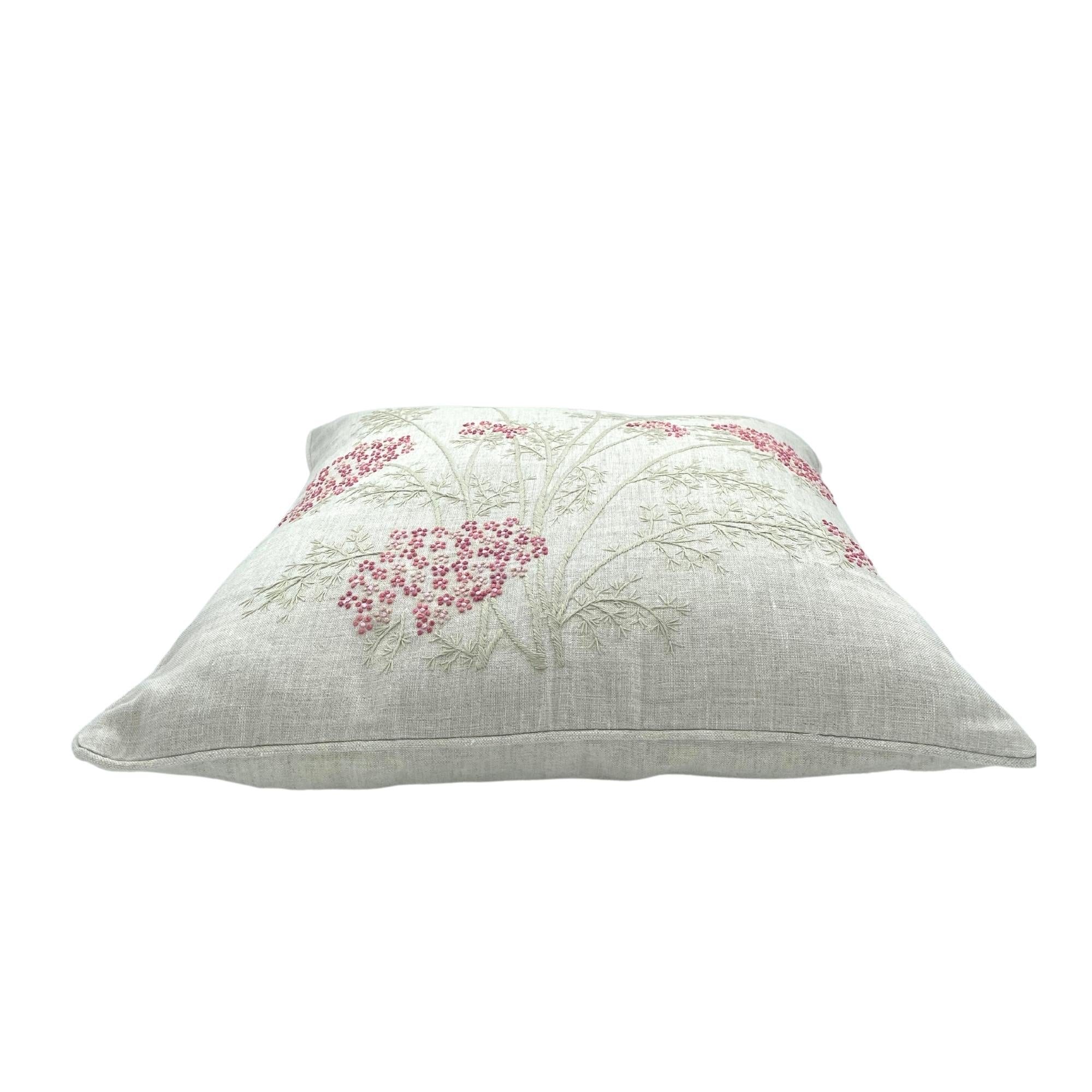 Cherry blossom hand embroidered linen cushion, detail view