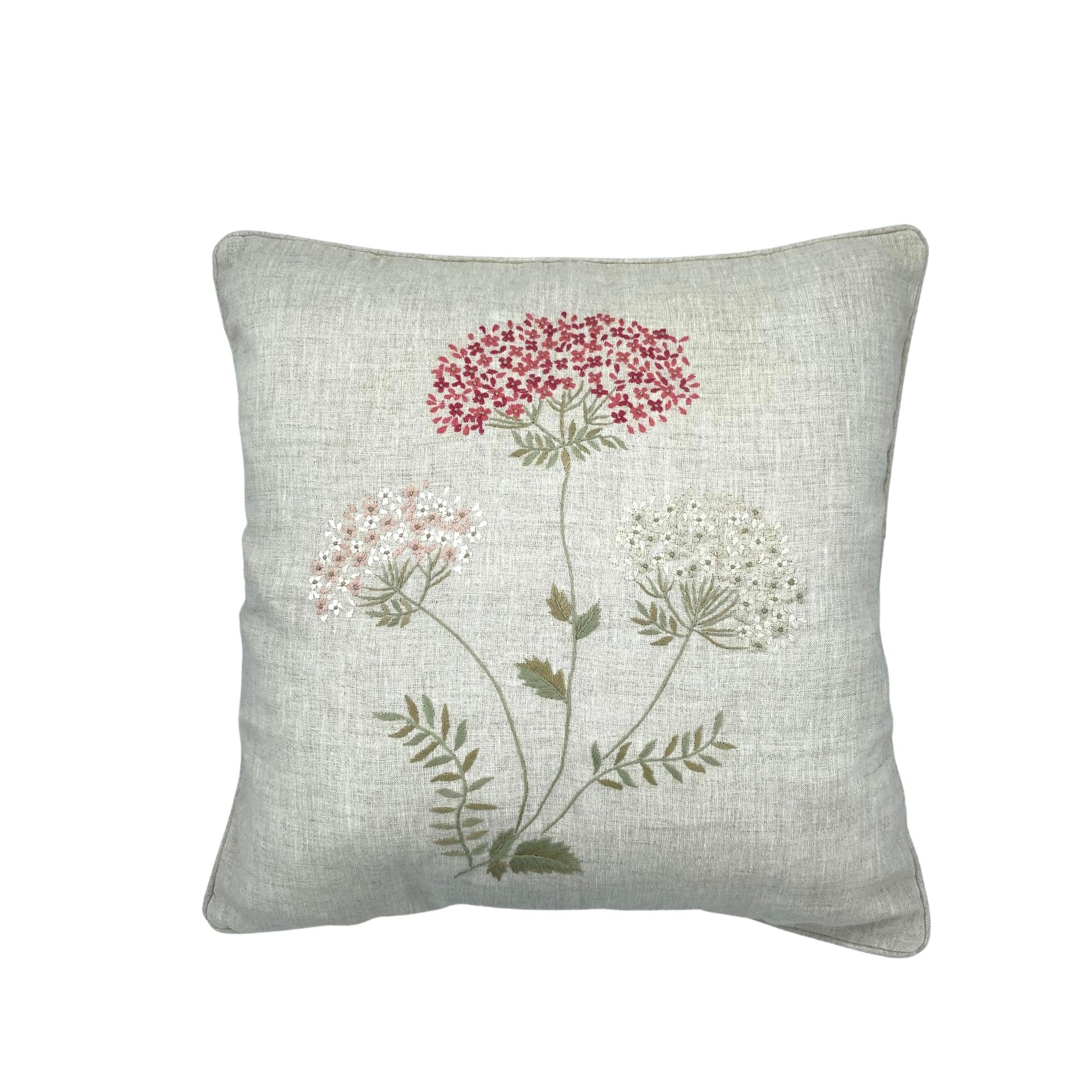 Spring blossom hand embroidered linen cushion, detail view