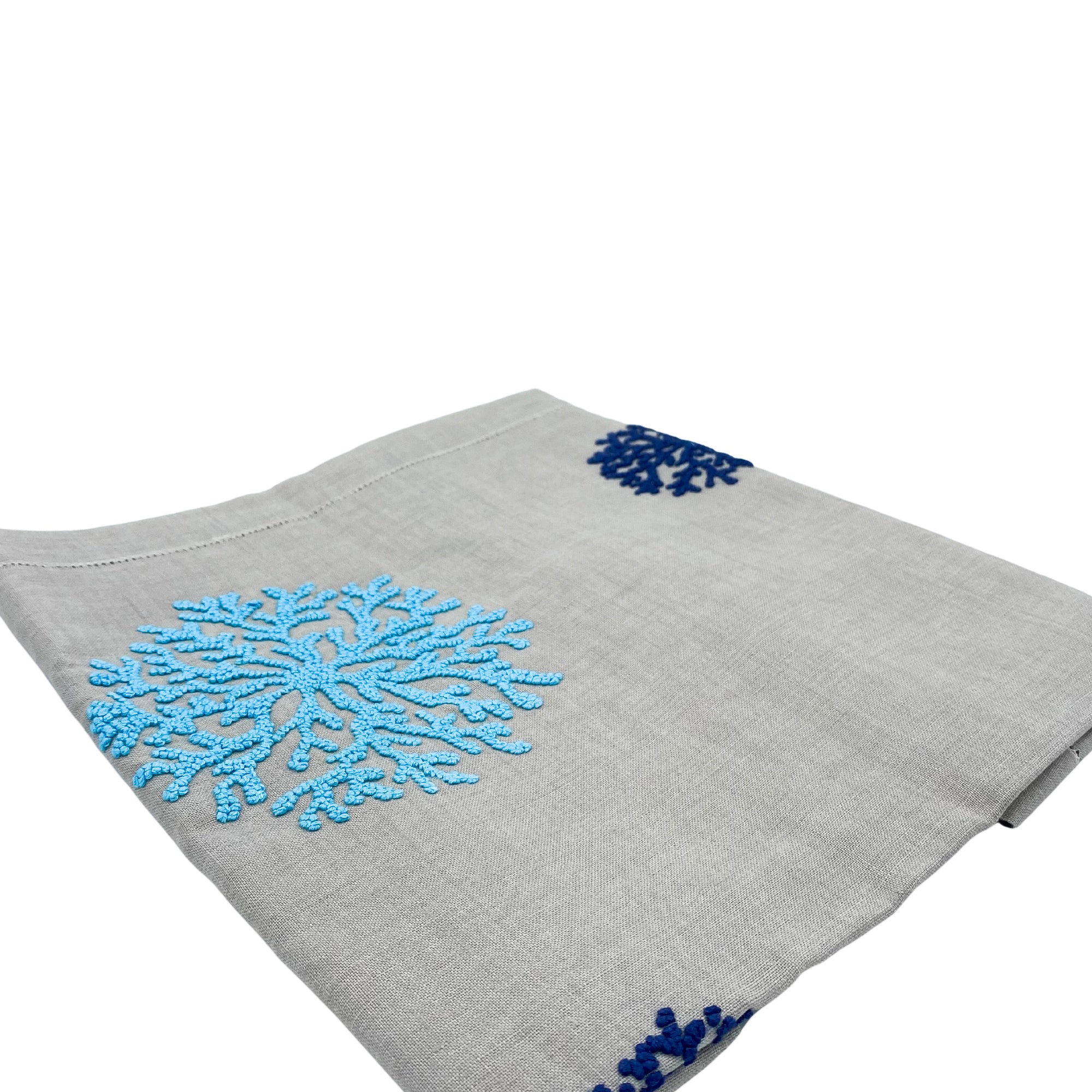 Hand embroidered natural linen runner, coral motifs in turquoise and navy, 40 x 200 cm