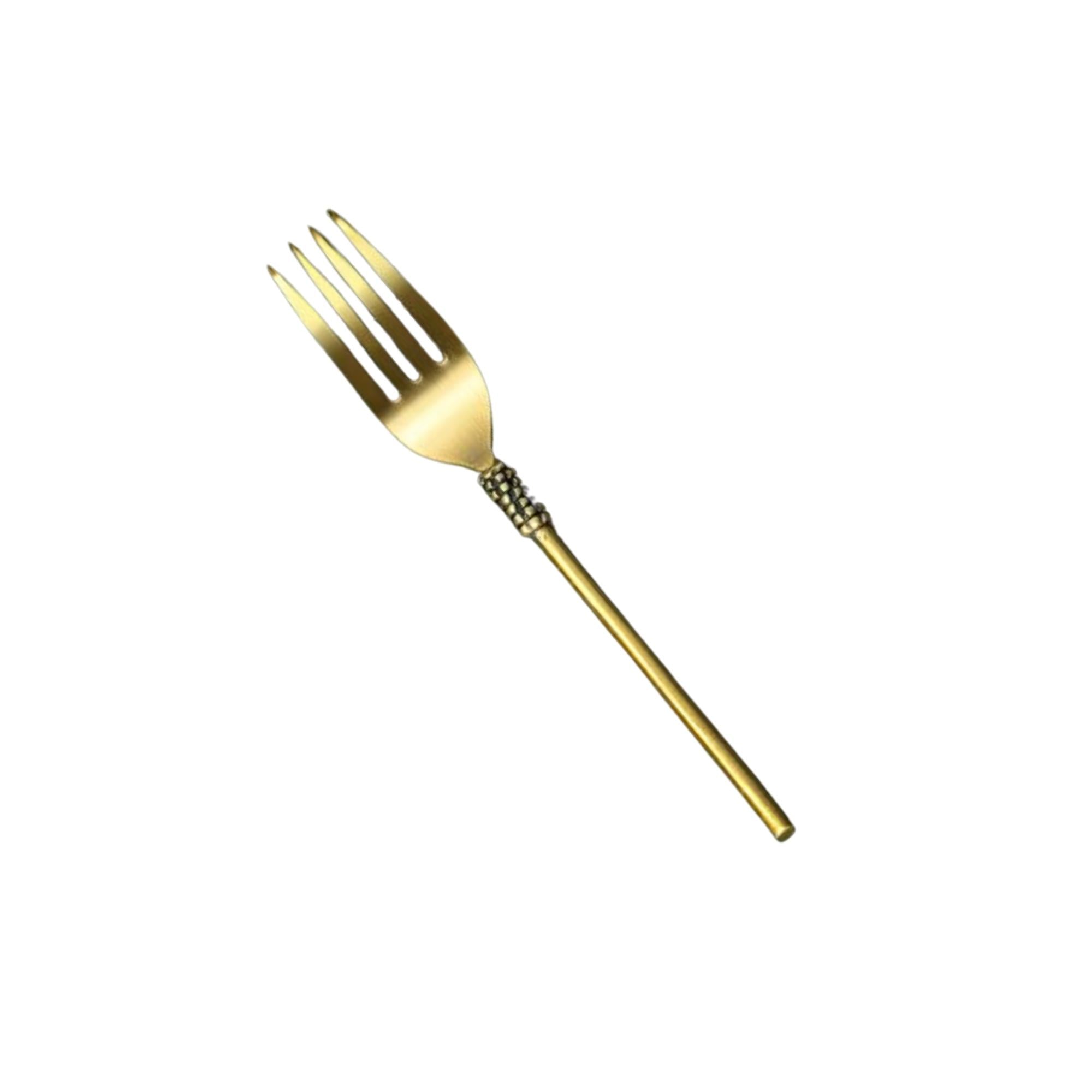 Brass table fork with gold matte finish, handcrafted, detail view