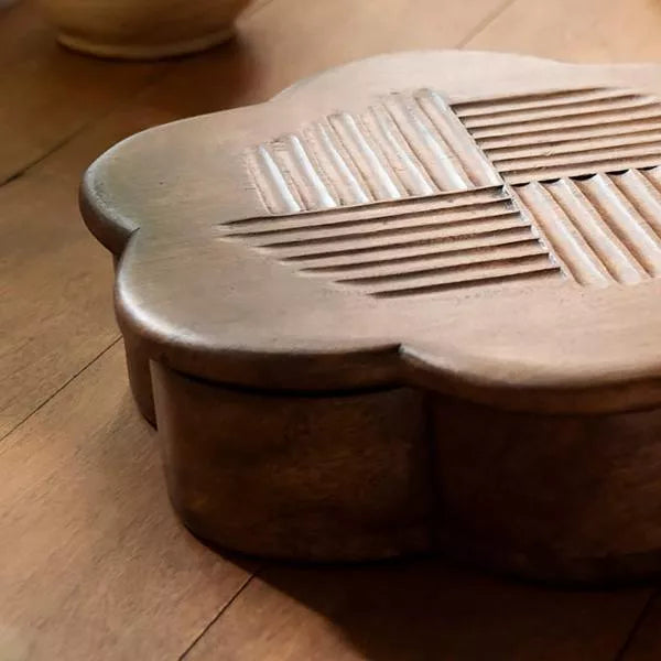 Mango wood masala spice box, seven compartments, hand-carved, detail view