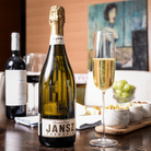 O champagne glasses with fine thin stems, mouth-blown crystalline, detail view