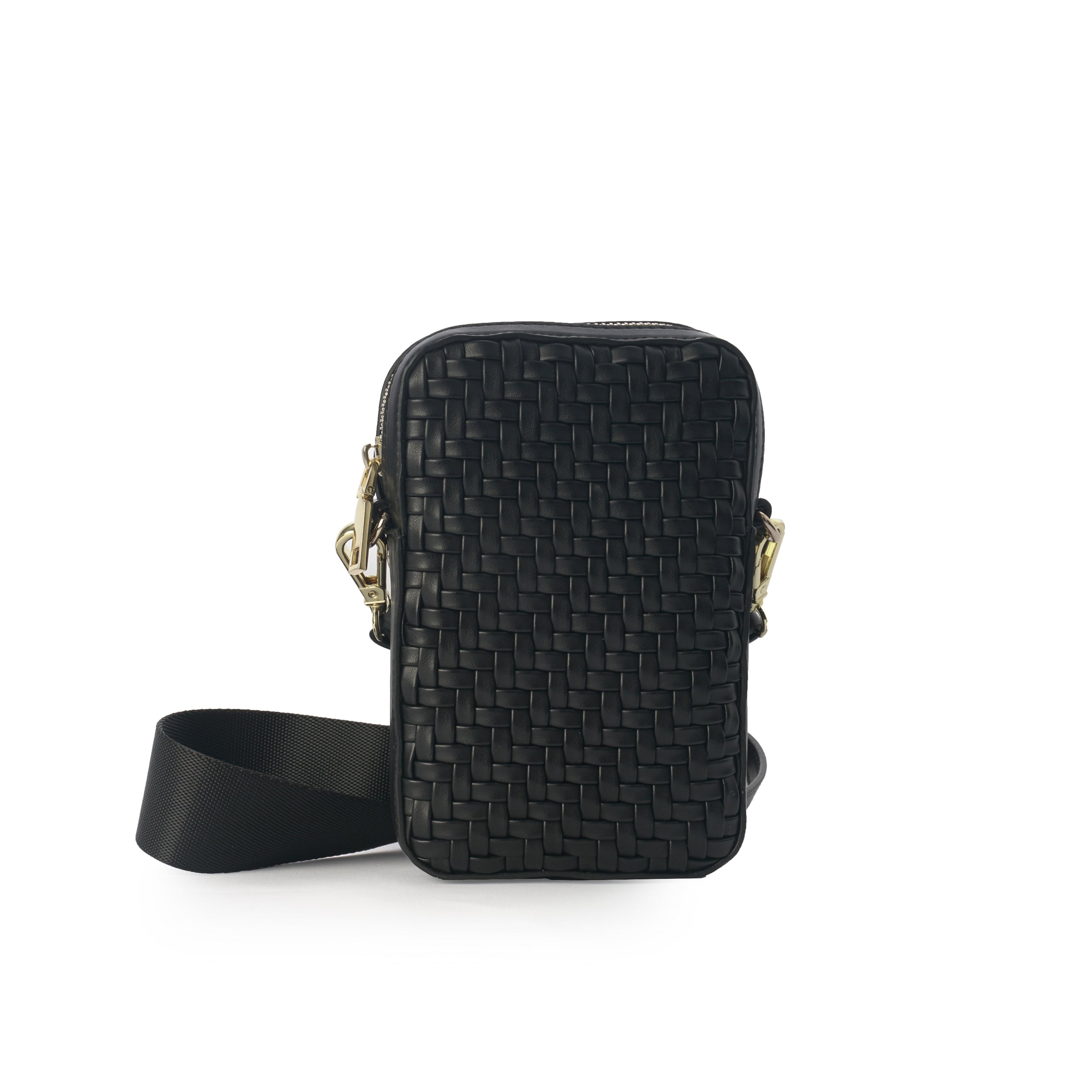 Black braided vegan leather phone and shoulder bag, detail view