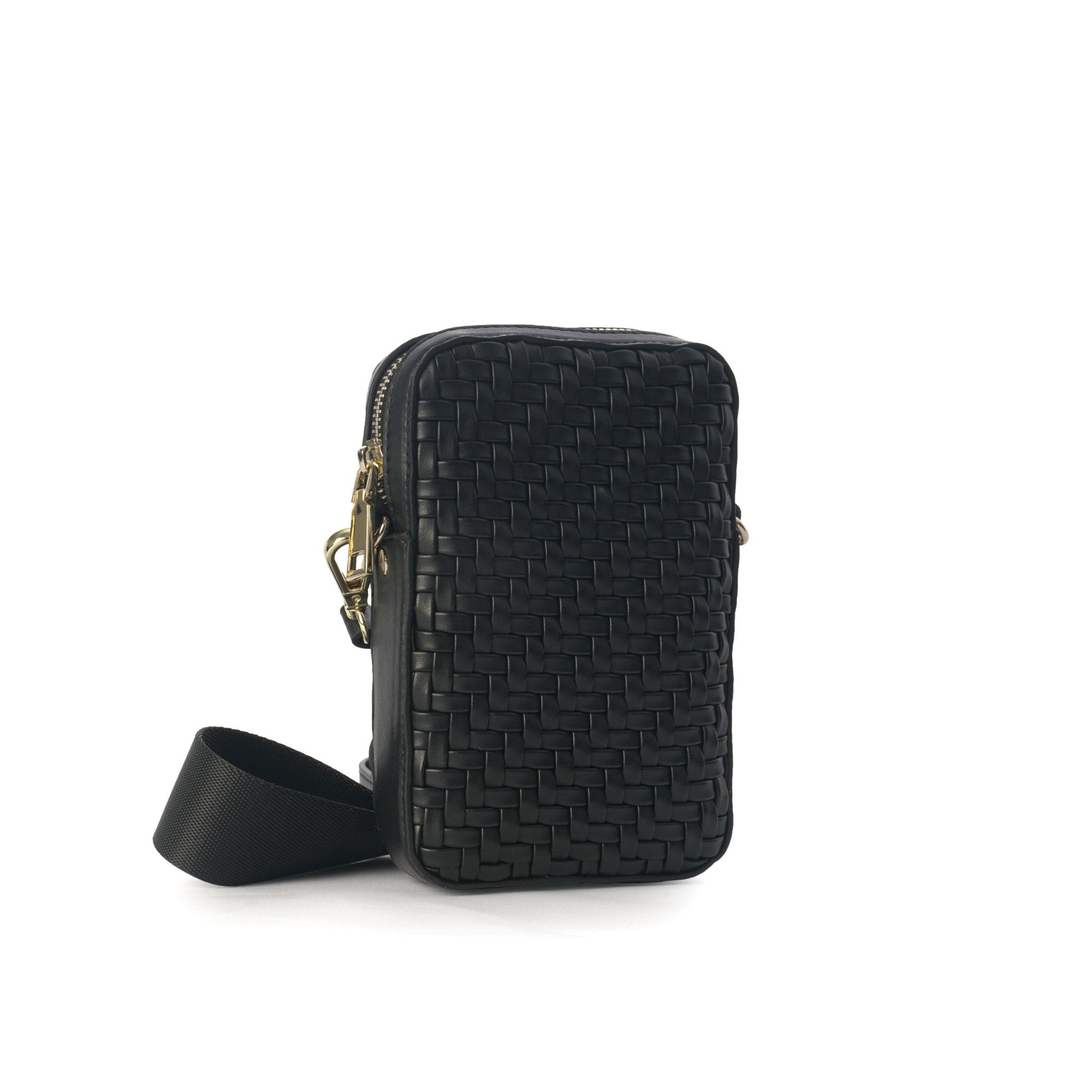 Pine black phone bag with adjustable strap, vegan leather, styled