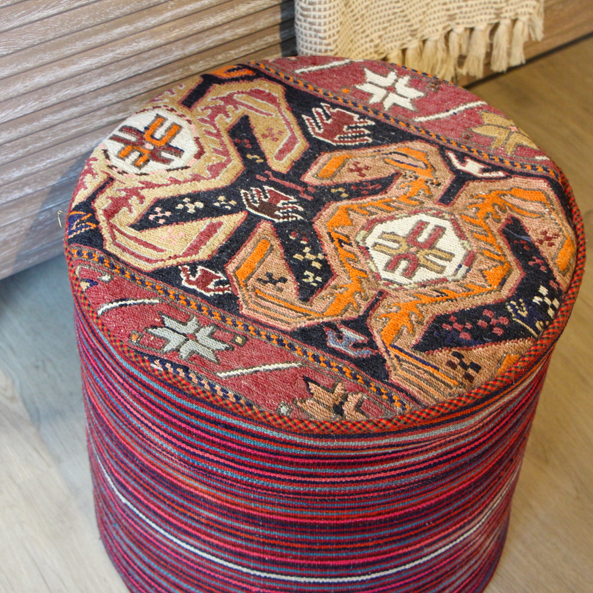 Pouf cover from vintage carpet, wool exterior, bohemian style