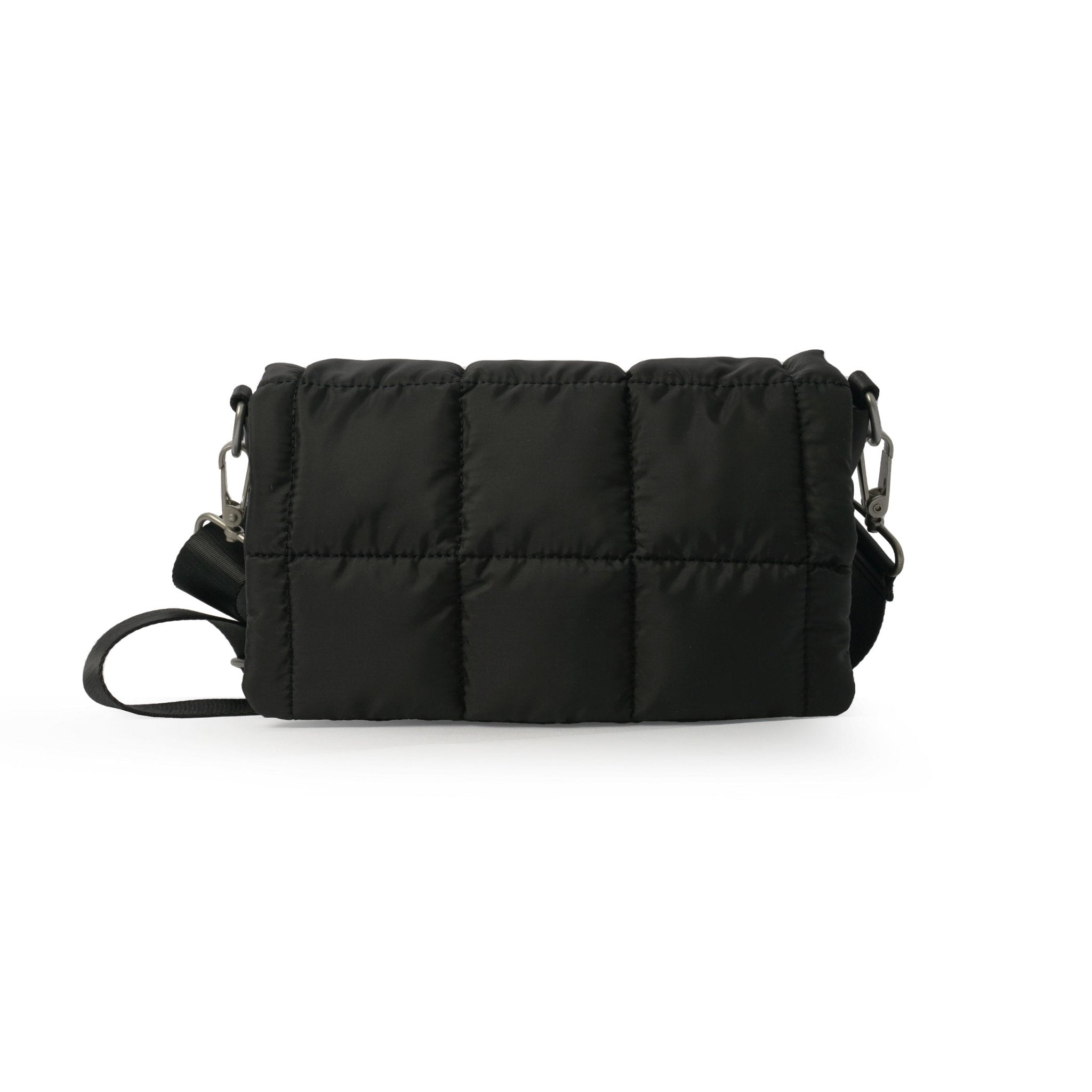 Quilted crossbody bag in recycled polyester with adjustable strap, magnetic buttons and zip, by Ceannis