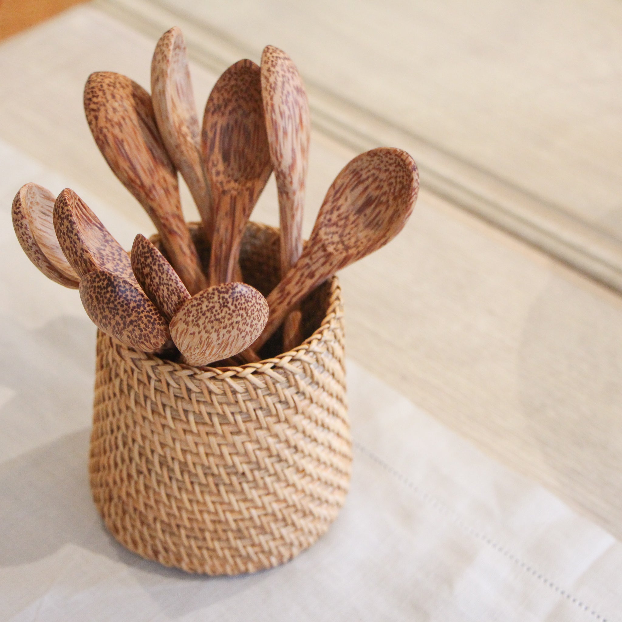 Rattan small pot for utensils or pens, handwoven, detail view