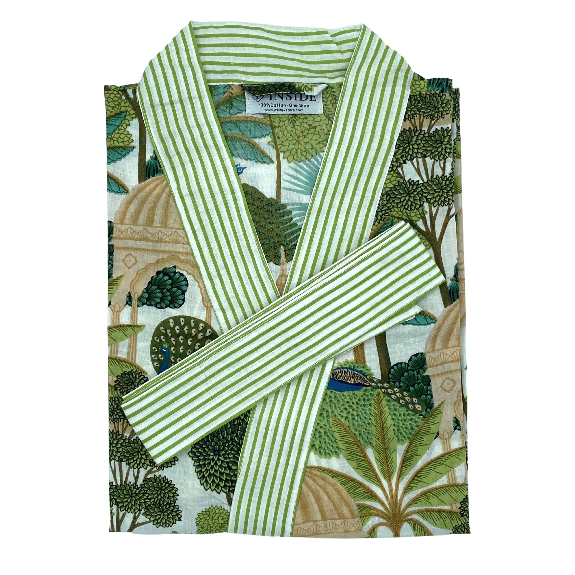 Paradise Lime and White block print cotton robe, tropical pattern, one size