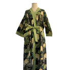 Black Paradise block print cotton robe, tropical garden print, styled