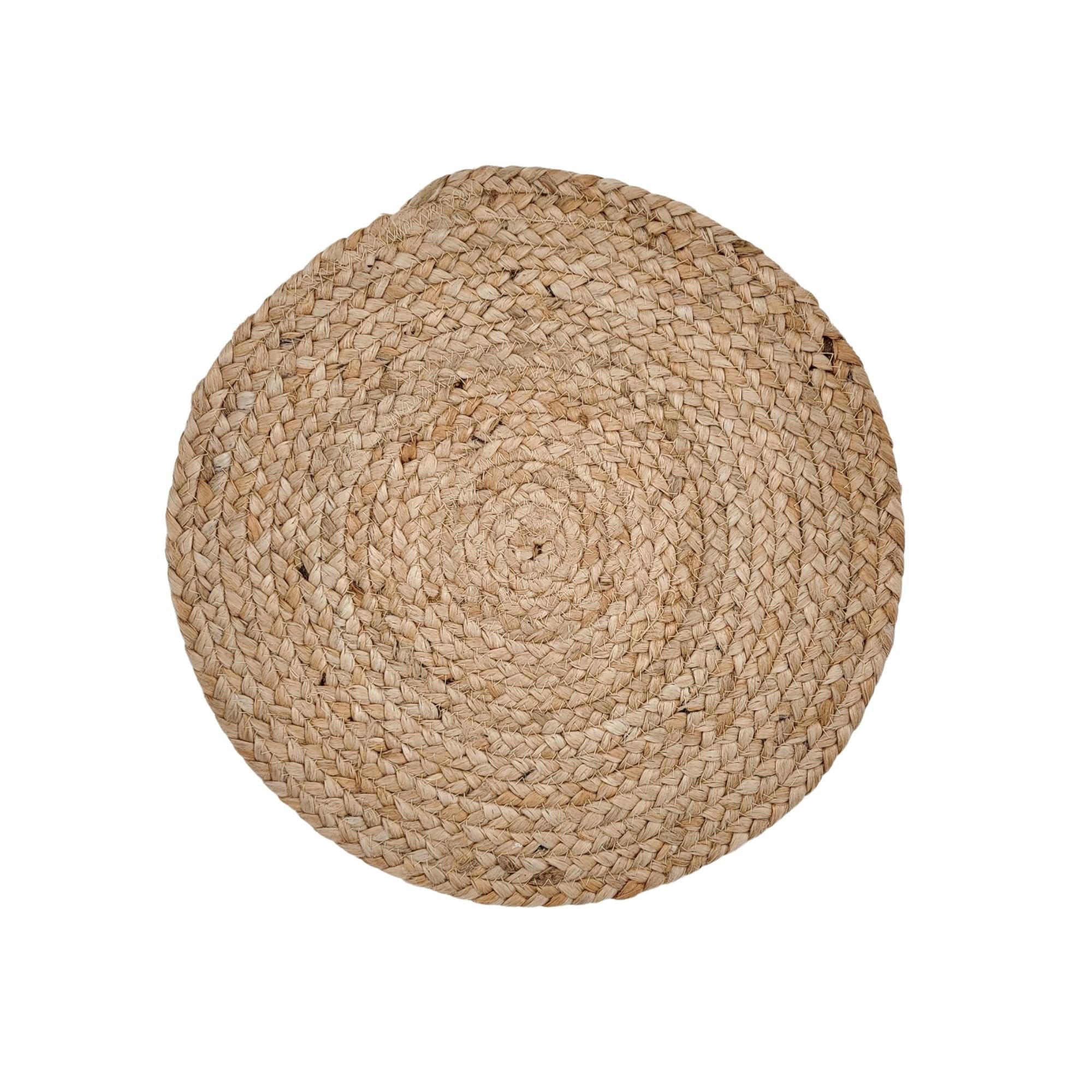 Round handmade jute placemat, woven natural fibre, detail