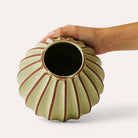 Sthal Salon round vase in avocado, ribbed high-fired terracotta with green glaze, 16cm dia