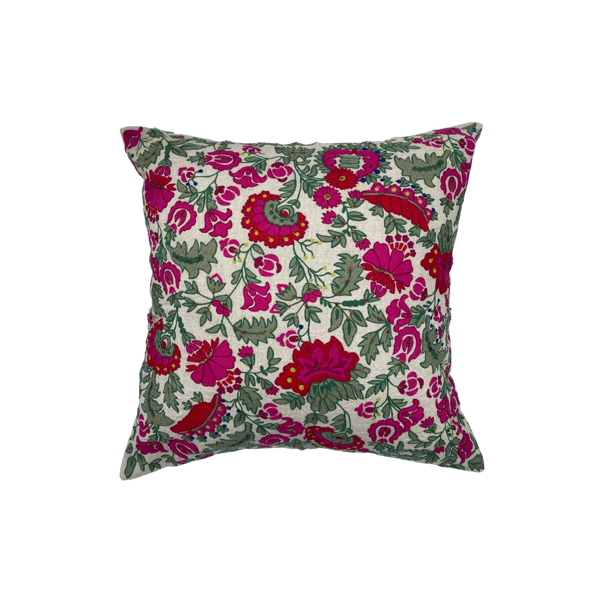 Suzani Bright Flower linen cushion, hand embroidered in red, pink and green, 45 x 45cm