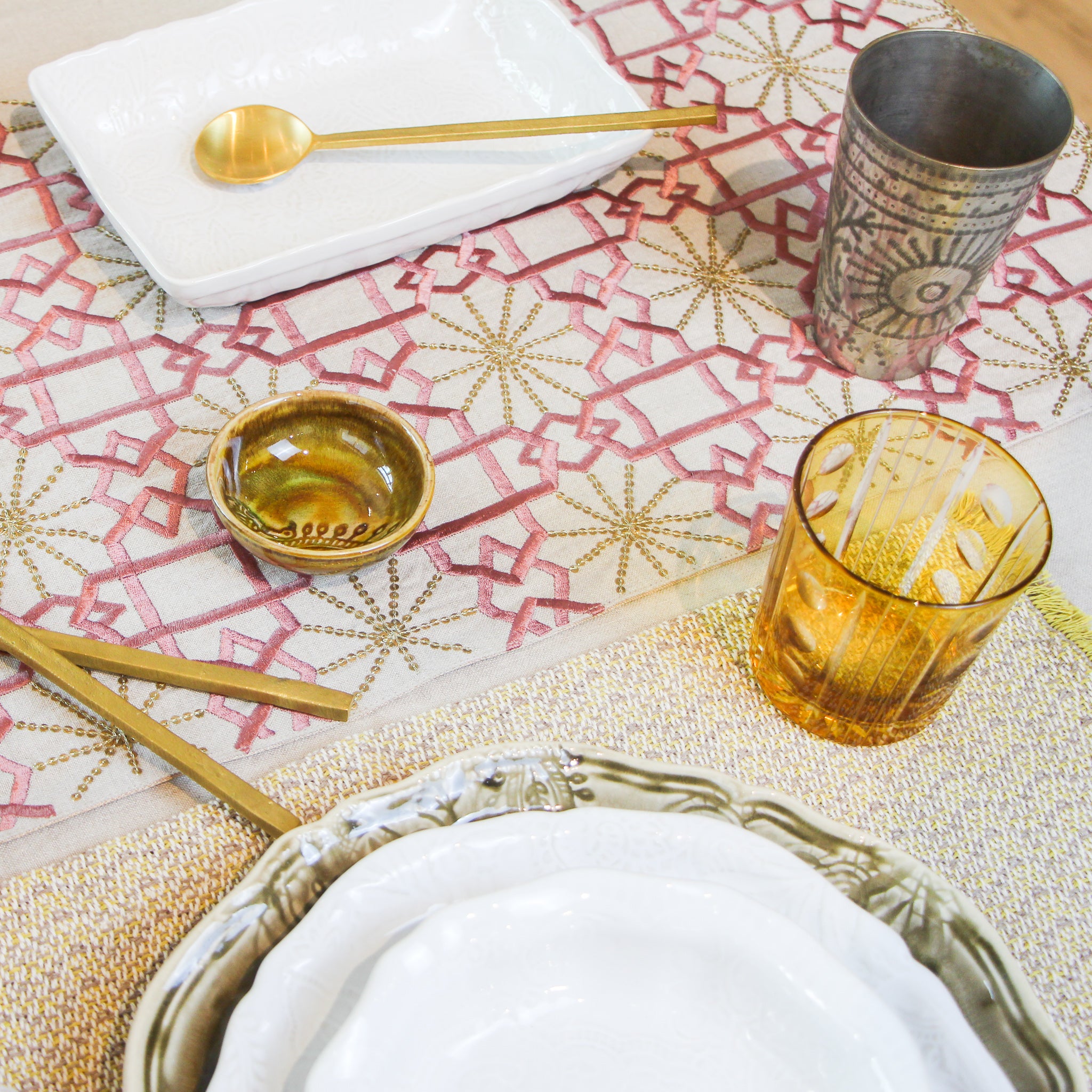 Suzani Pink Silk Sitara linen runner, styled view