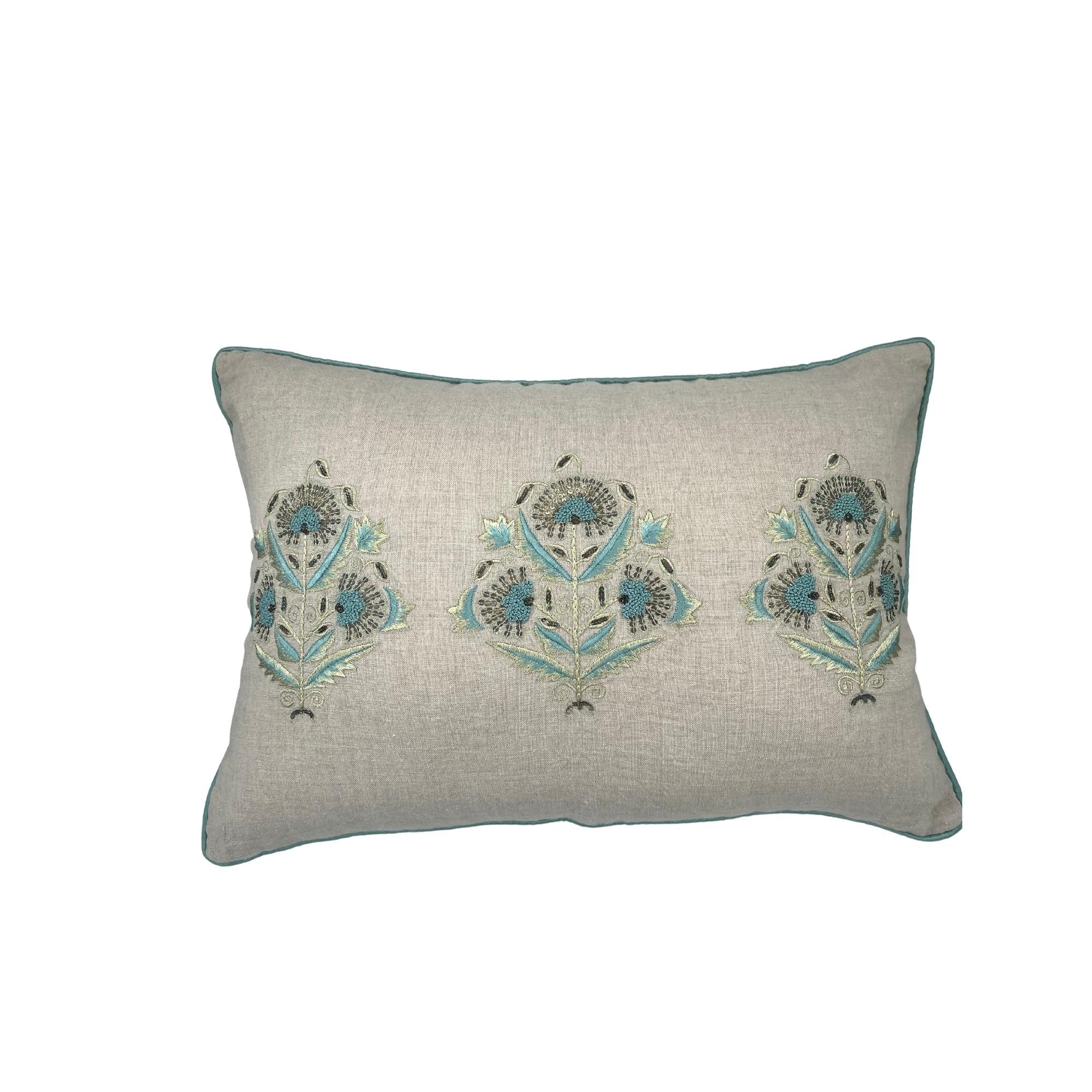 Suzani Sitara linen cushion, floral motifs with sitara work
