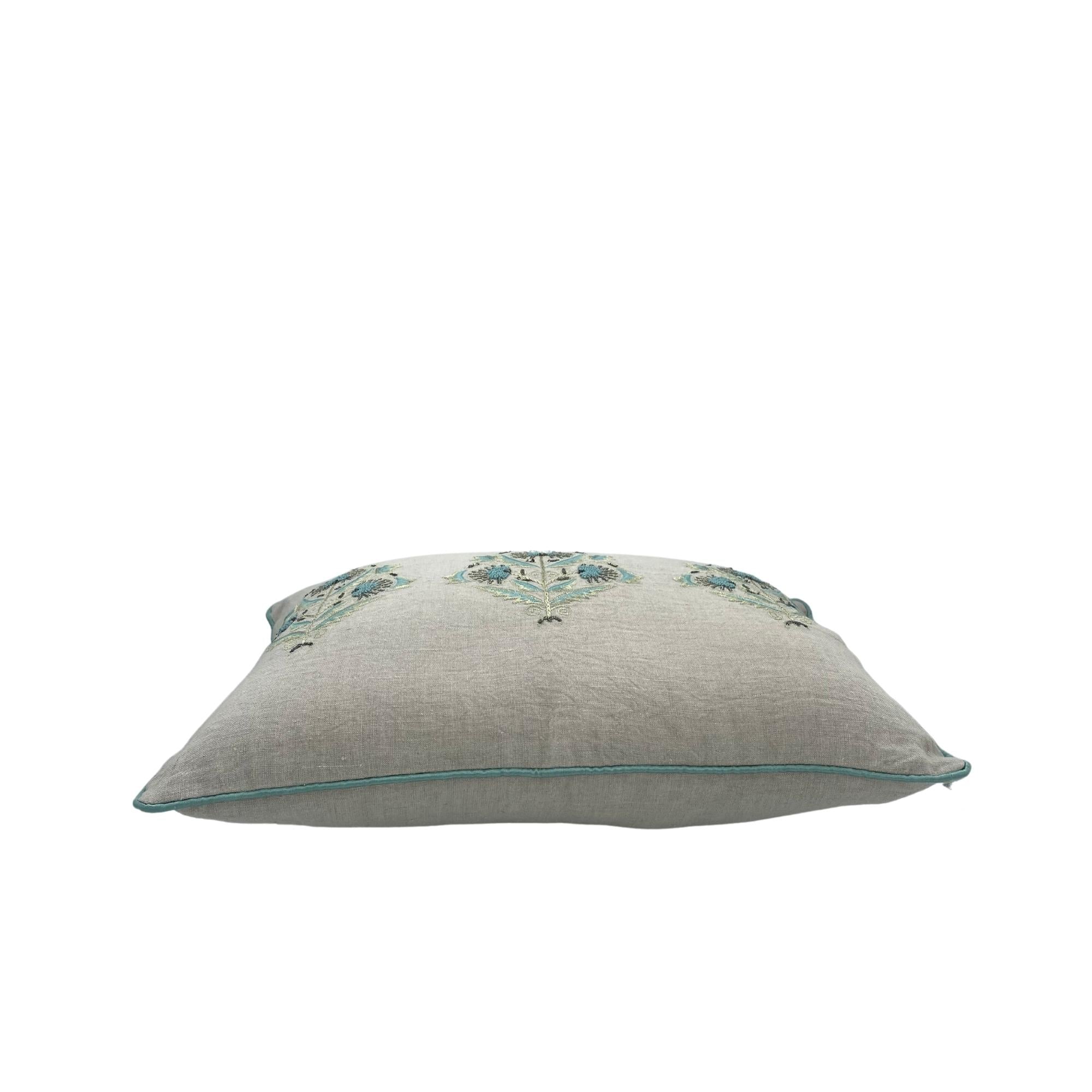 Suzani Sitara linen cushion, teal silk piping detail
