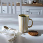 Tall lemon striped ceramic mug with a wooden lid coaster, 400 ml