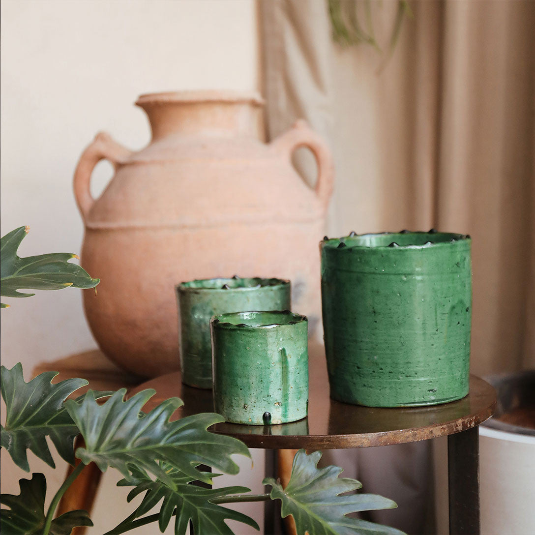 Tamegroute Mint and Tea candle, irregular green-enamel pot, detail